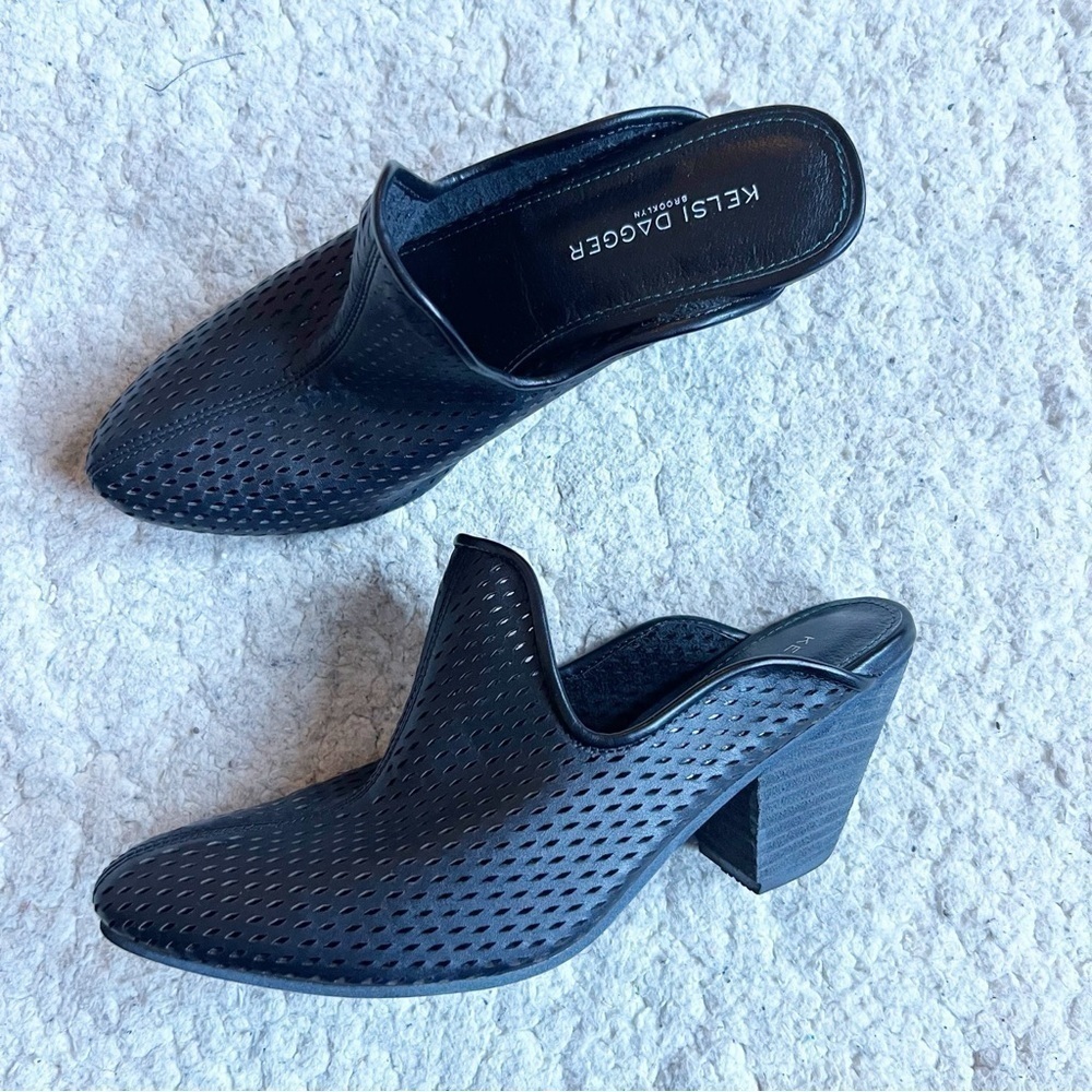 Kelsi Dagger: Black Perforated Leather Almond Toed Slip On Western Mules Size 6